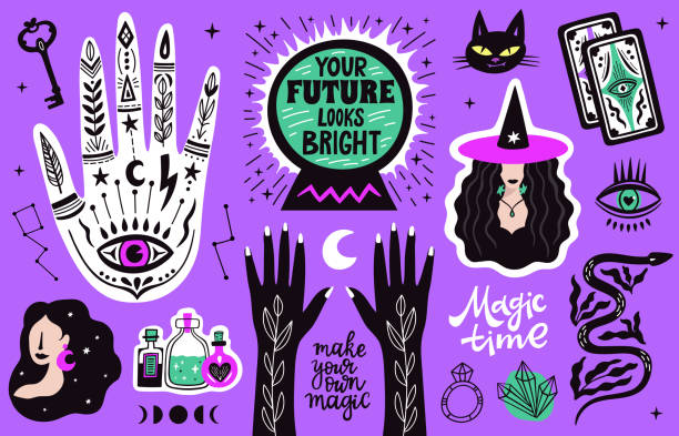 illustrazioni stock, clip art, cartoni animati e icone di tendenza di magico doodle strega illustrazione icone set - fortune teller immagine