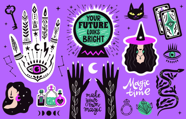 ilustrações de stock, clip art, desenhos animados e ícones de magical doodle witch illustration icons set - information medium