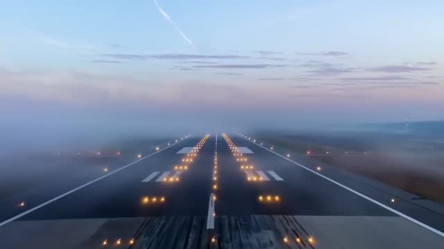 Incredible cockpit pov of airplane landing on airport runway with fog at sunset
