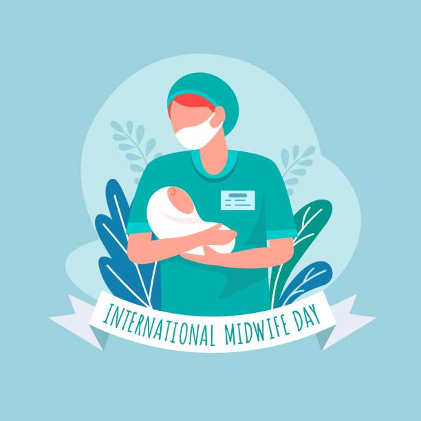 vektorillustration einer hebamme, die ein baby in ihren armen hält. internationaler hebammentag. - midwife stock-grafiken, -clipart, -cartoons und -symbole