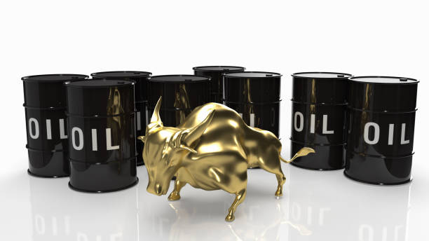 oil tank and gold bull for business concept 3d rendering - editorial concepts and ideas retail place store imagens e fotografias de stock