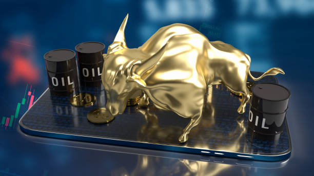 the oil tank and gold bull on tablet for business concept 3d rendering - editorial concepts and ideas retail place store imagens e fotografias de stock