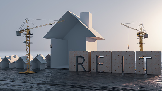 Concept image of Business Acronym REIT as Real Estate Investment Trust. Many houses and construction cranes. 3d illustration