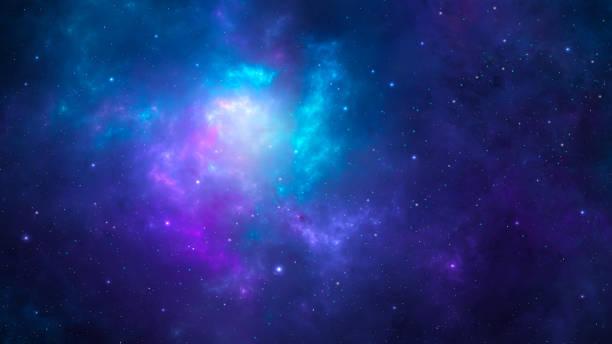 space-hintergrund. bunter fraktaler blauer und violetter nebel mit sternfeld. 3d-rendering - textfreiraum stock-fotos und bilder