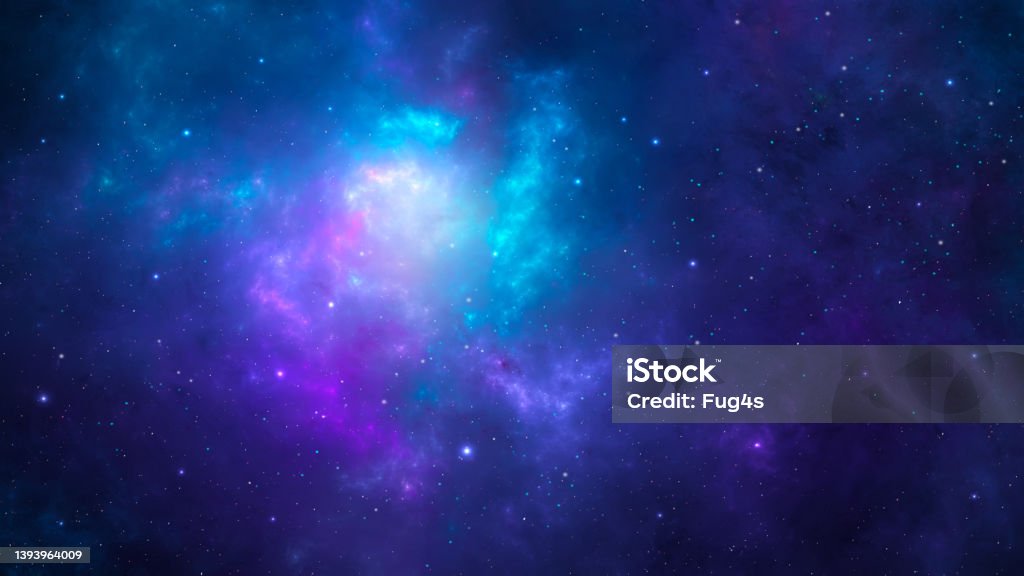 Space background. Colorful fractal blue and violet nebula with star field. 3D rendering Outer Space Stock Photo