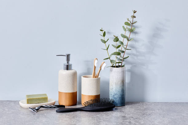 Personal toiletries on table in bathroom