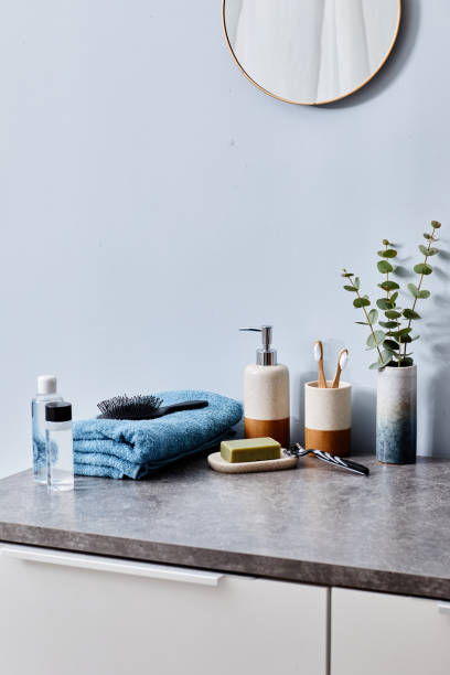 istock Toilet table with hygiene products in bathroom 1393964127