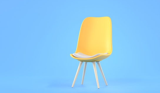 Yellow office chair on blue background, angle view. Modern furniture design. Concept of search and recruiting employees. Job vacancy, interview, hire staff, vacant seat, 3d render illustration.