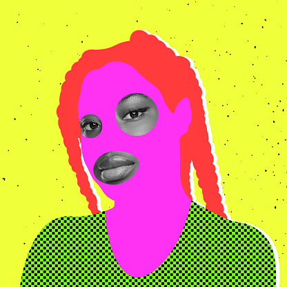 Contemporary art collage. Young woman with drawn face elements isolated over neon yellow background. Bright design. Concept of emotions, creativity, feelings, artwork, fashion, style, ad