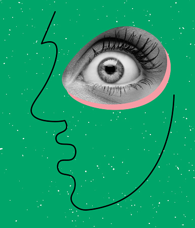 Contemporary colorful and conceptual bright art collage. Beautiful female eye and drawn face isolated on green background. Emotion of shock. Line art. Concept of creativity, fashion, beauty, emotions