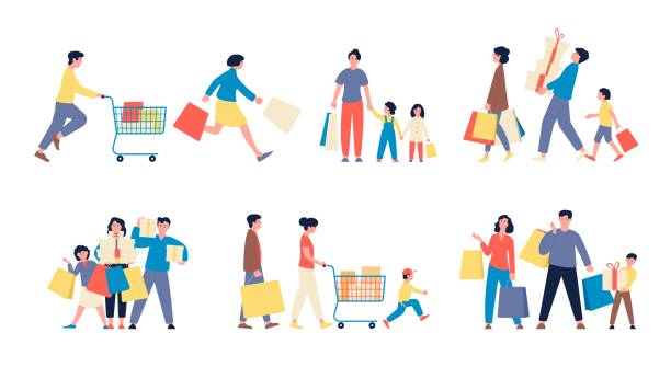 Family shopping. Consumers parents with kids holding shop bags and boxes with gift. Supermarket and boutuque fun customers, cartoon flat recent vector characters Family shopping. Consumers parents with kids holding shop bags and boxes with gift. Supermarket and boutuque fun customers, cartoon vector characters. Illustration of family consumer in supermarket supermarket family retail cable car stock illustrations