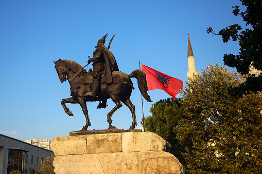Monument of Skanderbeg in Skanderbeg  square in downtown Tirana, Albania.