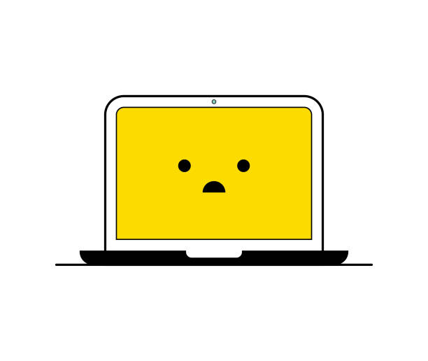 ilustrações de stock, clip art, desenhos animados e ícones de laptop computer with emoticon editable strokes - computer keyboard computer sadness emoticon