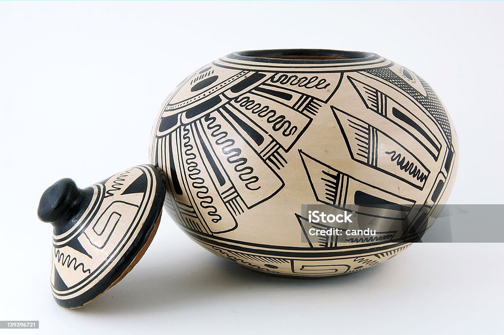 Honduran Pot with Lid Removed Honduran clay pot with black pattern and lid removed isolated on a white background Honduras Stock Photo