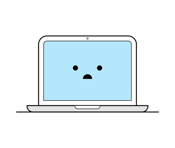 ilustrações de stock, clip art, desenhos animados e ícones de laptop computer with emoticon editable strokes - computer keyboard computer sadness emoticon