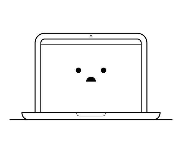 ilustrações de stock, clip art, desenhos animados e ícones de laptop computer with emoticon editable strokes - computer keyboard computer sadness emoticon