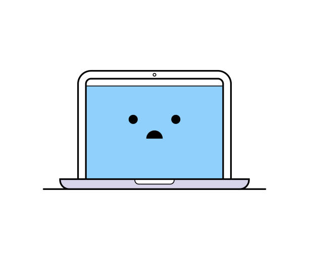 ilustrações de stock, clip art, desenhos animados e ícones de laptop computer with emoticon editable strokes - computer keyboard computer sadness emoticon