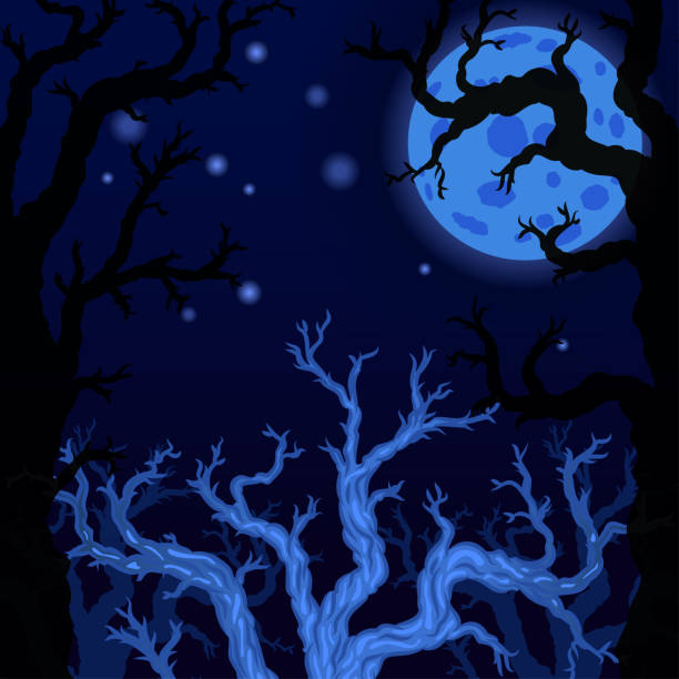 istock Halloween background with Silhouettes of Halloween trees. Halloween bare spooky scary trees on Moon background. Vector illustration. 1393968422