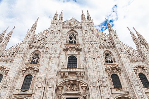 Detail of the Milan Cathedral (Duomo of Milan) facade, Italy. Duomo di Milano.