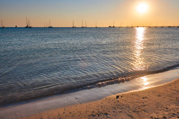 Sunset at mediterranean beach. Es trenc. Balearic Islands. Mallorca. Spain