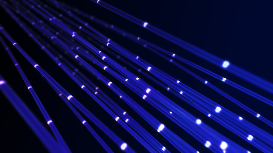 Abstract optical fiber lines transmitting data with bright light