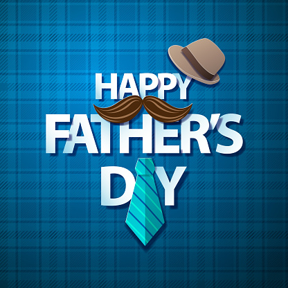 Celebrating the Father's Day with paper craft of typography, cap, mustache and necktie on the blue checked pattern
