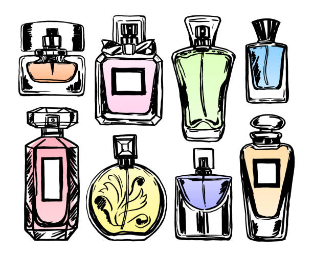 ilustrações, clipart, desenhos animados e ícones de conjunto de garrafas de perfume coloridas. estilo esboço. ilustração vetorial. - borrifador de perfume