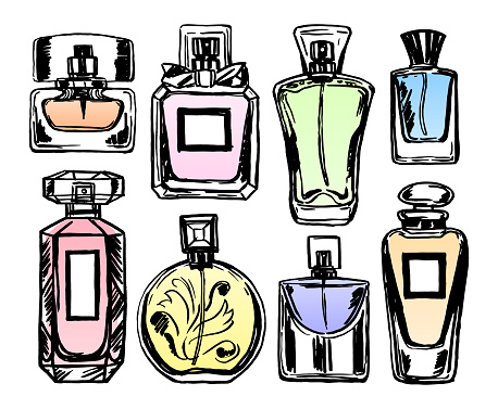 Set of color perfume bottles. Sketch style. Vector illustration