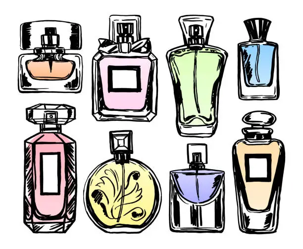 Vector illustration of Set of color perfume bottles. Sketch style. Vector illustration.