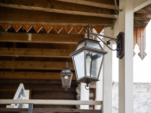 istock forged metal shade for indoor lighting. Old style architecture. Copy space for text 1393976190