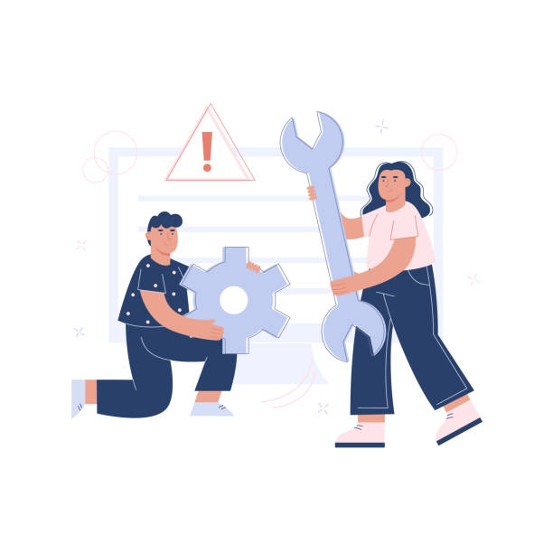 istock Customer service or technical support professionals hold a wrench and a gear in their hand. Online support or help concept, e-commerce banner, landing page design. 1393976231