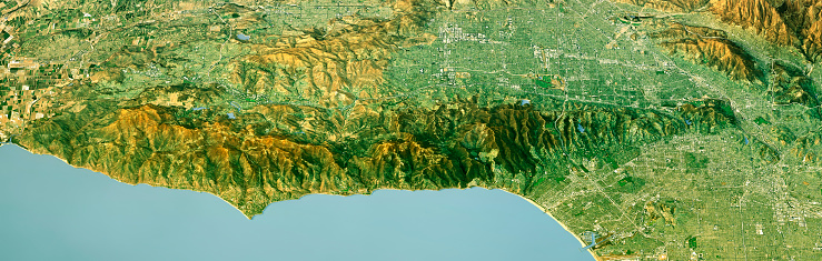 3D Render of a Panorama Topographic Map of the Santa Monica Mountains, Ventura County, Los Angeles County. 
All source data is in the public domain.
Contains modified Copernicus Sentinel data (June 2021) courtesy of ESA. 
URL of source image: https://scihub.copernicus.eu/dhus/#/home.
Relief texture: 3DEP data, courtesy of USGS The National Map. 
URL of source image: https://apps.nationalmap.gov/downloader/#/