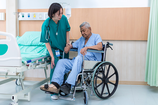 Patients sitting on wheelchairs Man patient in a wheelchair at hospital.