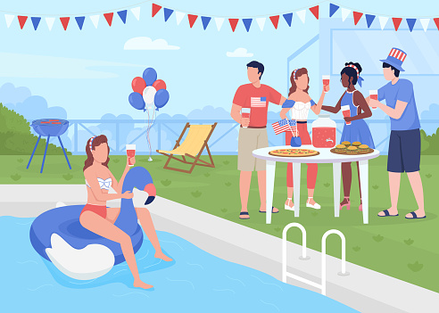 Festive party for Independence day at courtyard flat color vector illustration. Positive friends celebrating July fourth together 2D simple cartoon characters with landscape on background