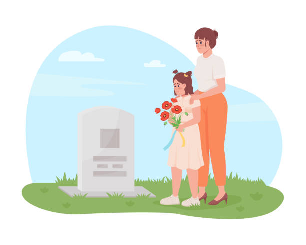 Honor of fallen Ukrainian hero 2D vector isolated illustration Honor of fallen Ukrainian hero 2D vector isolated illustration. Mother and daughter on grave flat characters on cartoon background. Memorial day colourful scene for mobile, website, presentation proud army mom stock illustrations
