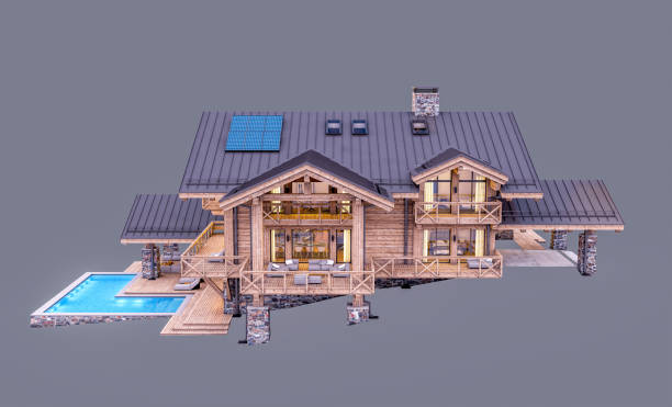istock 3d rendering of modern cozy chalet in evening isolated on gray 1393978033