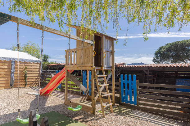 istock Children's playground built in wood. 1393978069
