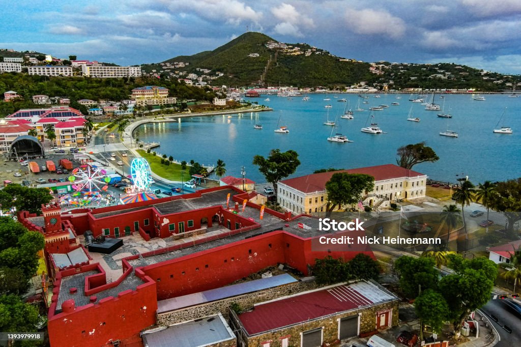 St Thomas waterfront during Carnival An aerial view of the Waterfront area of St. Thomas located in the US Virgin Islands Carnival - Celebration Event Stock Photo