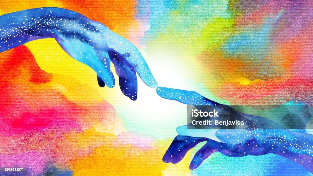 human hand connection mind mental health spiritual healing abstract energy meditation connect the universe power watercolor painting illustration design drawing art Connection stock illustration