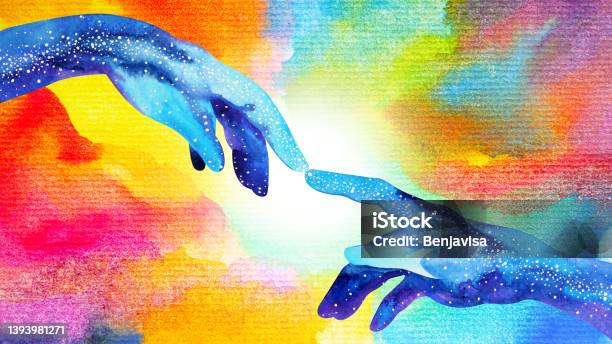 Human Hand Connection Mind Mental Health Spiritual Healing Abstract Energy Meditation Connect The Universe Power Watercolor Painting Illustration Design Drawing Art Stock Illustration - Download Image Now