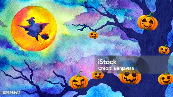 istock witch flying in full moon night halloween party funny orange pumpkin light lantern art design watercolor painting illustration drawing horror forest background 1393981412