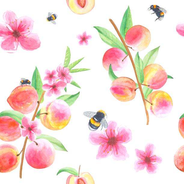 istock Watercolor seamless pattern with peach branches and flowers. Hand drawn watercolor. 1393981454