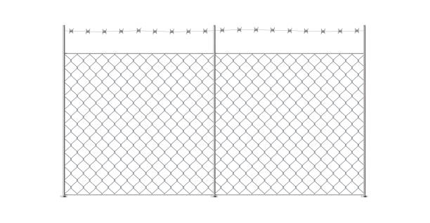 maschendrahtzaunschablone mit stacheldraht - barbed wire wire war prison stock-grafiken, -clipart, -cartoons und -symbole