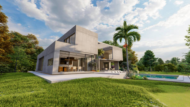 istock Luxurious brutalist home with pool and tropical garden 1393982525