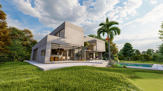 3D rendering of an impressive contemporary villa in exposed cement with garden and pool