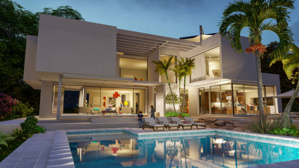 istock Luxury modern  villa with pool at dusk 1393982593