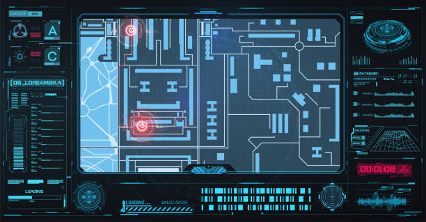 cyber design, futurystyczny interfejs spyware bezpieczeństwa. dynamiczny nowoczesny hud. orientacja gps mapy drogowej ulic miasta. oprogramowanie do śledzenia lub skanowania lokalizacji gps. ilustracja stockowa - submarine navy usa military stock illustrations