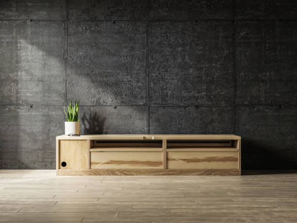 istock Simple minimal cabinet for tv interior concrete wall mockup. 1393986932
