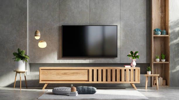 Loft style in tv room interior wall mockup on concrete wall. Loft style in tv room interior wall mockup on concrete wall,3d rendering smart tv stock pictures, royalty-free photos & images