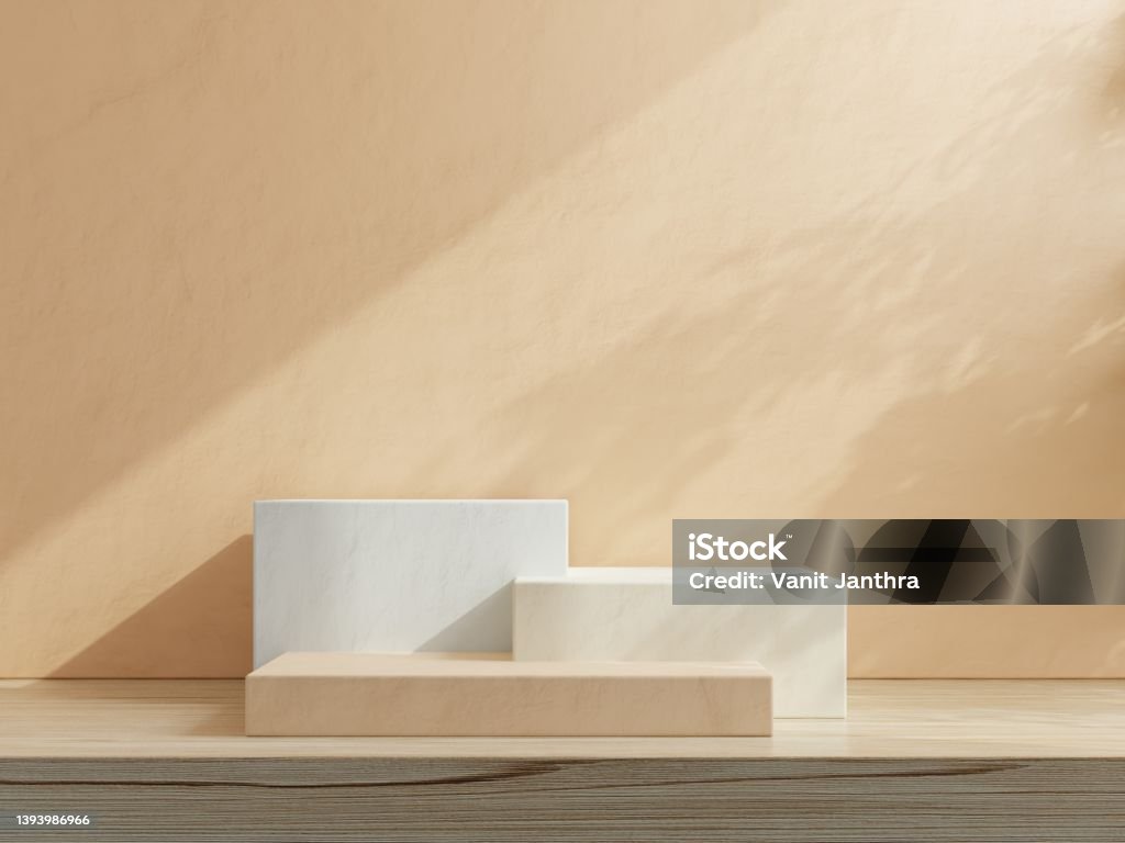 Box podium in abstract cream color composition for product presentation. Box podium in abstract cream color composition for product presentation.3D rendering Lectern Stock Photo